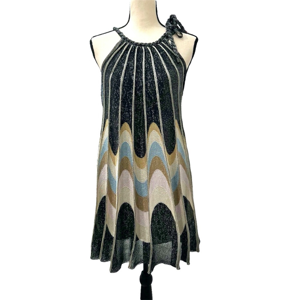 M MISSONI BLACK METALLIC LUREX KNIT SWING SLEEVELESS DRESS W BLUE & GOLD WAVES